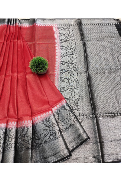 Silver Banarasi Butta Weaving And Contrast Color Pallu And Border Design Fancy Red And Black Silk Linen Saree (KR916)